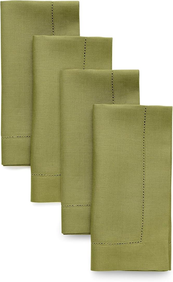 Solino Home Linen Napkins Set of 4 - Classic Hemstitch 100% Pure Linen Avocado Green Dinner Napkins Cloth 20 x 20 Inch for Summer - Handcrafted and Machine Washable