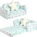 MOMCAYWEX Extra Wider Seating Toddler Couch, 2-in-1 Toddler Soft Couch Fold Out with Star Pillow, Convertible Sofa to Lounger for Girls and Boys