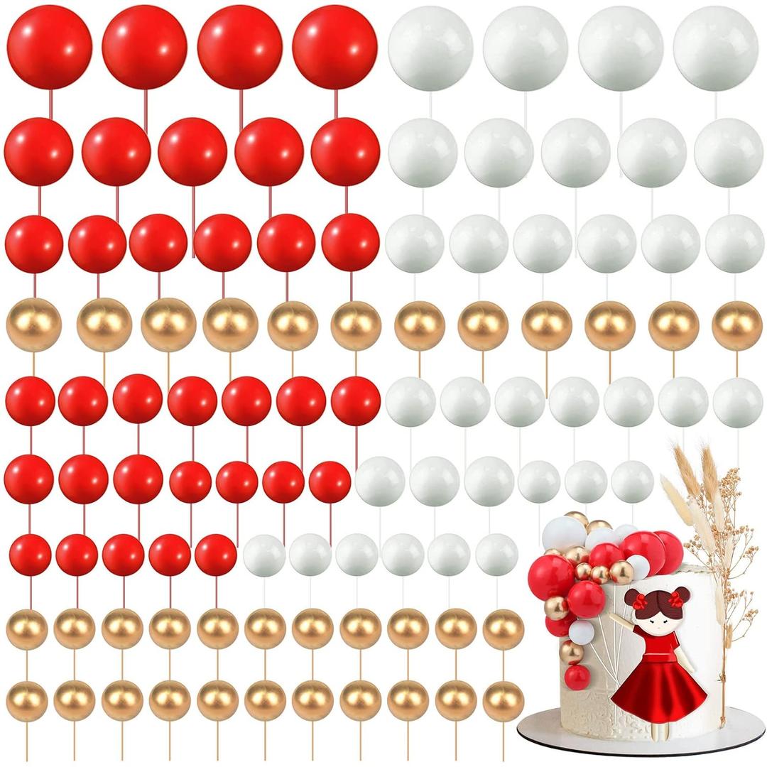 108 Pcs Balls Cake Topper DIY Cupcake Insert Foam Balloons for Cake Baking Wedding Anniversary Birthday Decoration(Red, White, Gold, Multi Sizes)