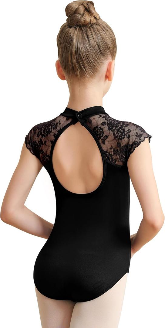 Girls Turtleneck Dance Leotard for Ballet, Lace Neckline, Full Front Lining, Hollow Back (Black, L)