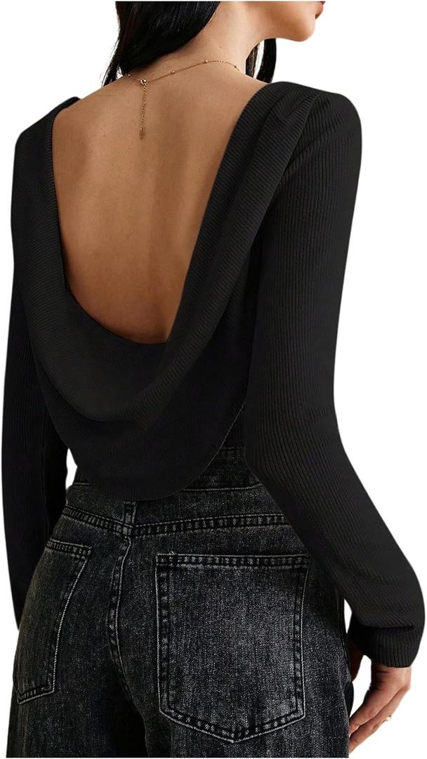 MakeMeChic Women's Backless Tops Long Sleeve Crew Neck T Shirts Fitted Y2k Going Out Top M