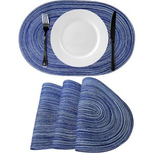 WAZAIGUR Oval Placemats Cotton Vinyl Woven Cute Heat-Insulated Washable Dining Kitchen Table Place Mats Set of 4, Blue and White