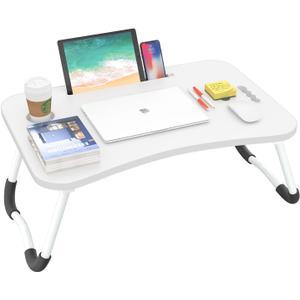 BUYIFY Folding Lap Desk, 23 Inch Portable Wood White Laptop Bed Desk Lap Desk with Cup Holder, for Working Reading Writing, Eating, Watching Movies for Bed Sofa Couch Floor