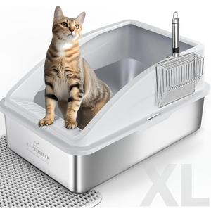 AIPERRO Stainless Steel Litter Box | XL Enclosed Cat Litter Boxes with Lid for Big Cats | High Sided, Anti-Urine Leakage | Non-Stick Bottom & Includes Litter Mat & Metal Scoop | High Sided Meat Litter Box for Big Cats | Anti-Urine Leakage | Non-Stick & Easy to Clean | Includes Litter Mat & Metal Scoop