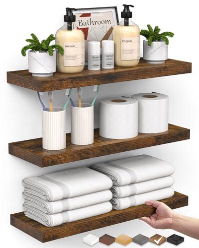 BAYKA Floating Shelves Bathroom for Wall – Shelf Over Toilet Farmhouse Rustic Wood for Bedroom, Kitchen, or Living Room Decor Organization, Christmas Decor Shelves – Rustic Brown, Set of 3