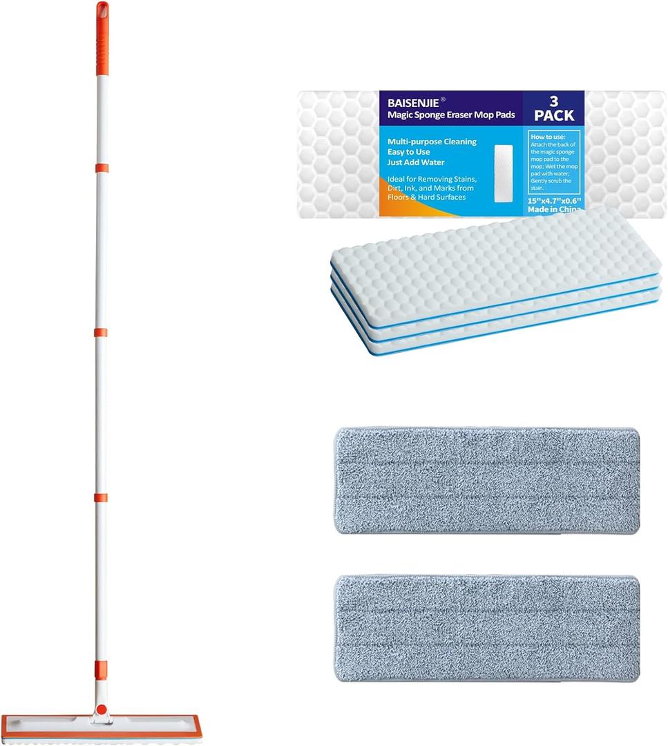 Magic Sponge Eraser Mop, 56" Handle with Flexible 15" Flat Head,2 Microfiber Pad and 3 Magic Sponge Eraser Pads (Mop Set,15" Mop-Head)