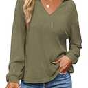 KIRUNDO Long Sleeve Shirts for Women 2025 Fall Fashion Outfits Going Out Tops Collar V Neck Blouses Ribbed Knit Loose Tunic(Army Green, X-Large)