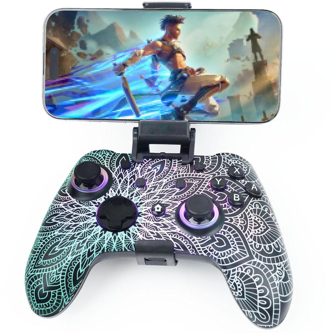 WZUICOV RGB Multi-Platform Game Controller for Switch, Phone, Tablet, PC, TV Box & Tesla - Bluetooth & Wired USB-C, with C-A Adapter, Phone Holder + Extra 25mm Cable