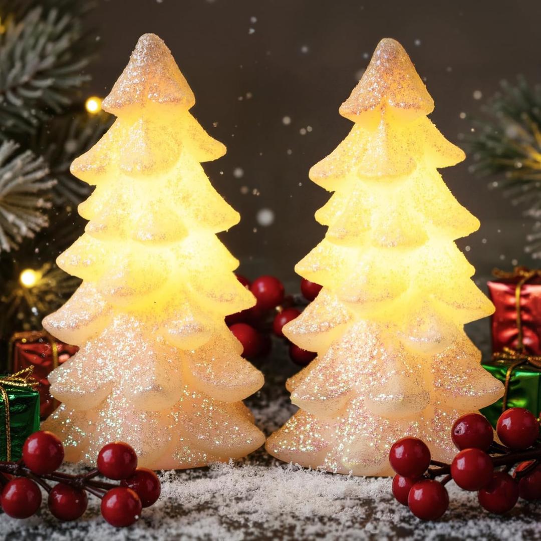 2 Pcs 9" White Christmas Tree Flameless Candles Glittering Real Wax Flickering Battery Operated LED Handmade Carved Candles for Xmas Party Decoration Gifts (Extra Large)