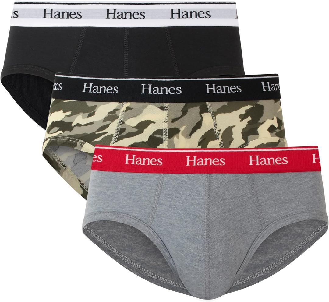 Hanes Originals Stretch Cotton Briefs Pack, Moisture-Wicking Underwear for Men, 3-Pack (Large, Black/Concrete Heather/Camo)