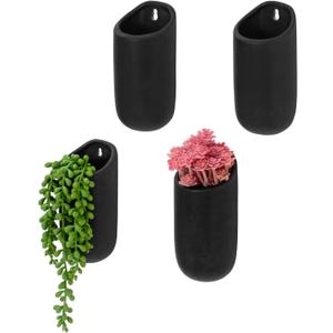 MyGift Set of 4 Mini Matte Black Ceramic Indoor Wall Planter, 6 Inch Cylindrical Wall Mounted Hanging Planter Pot for Succulents, Herbs, String of Pearls