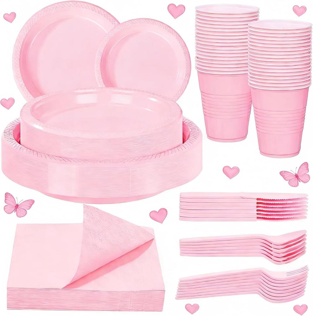 WELLIFE 210 PCS Pink Plastic Plates for 30 Guests - Disposable Dinnerware Set Including Dinner Plates, Dessert Plates, 12oz Cups, Cutlery & Napkins, Pink Party Plates for Valentines and Galentines