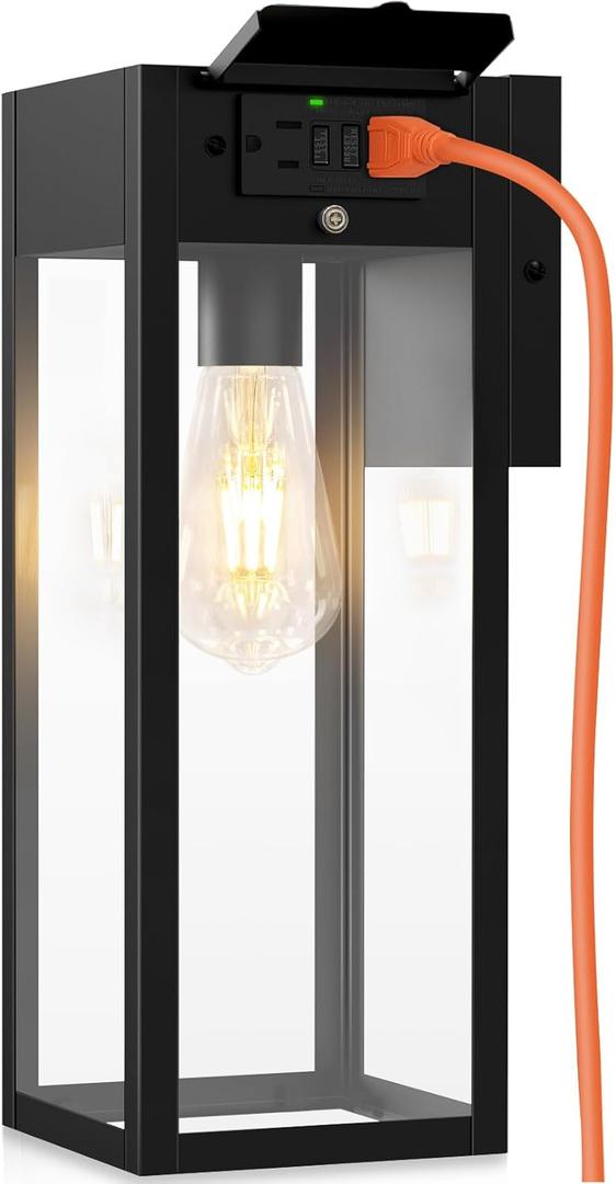 Large Porch Light with GFCI Outlet, 15 Inch Outdoor Light with Outlet Built-in, Waterproof Exterior Light Fixtures Wall Mount, Outside Lights for House Front Door Garage (No Sensor, Large)