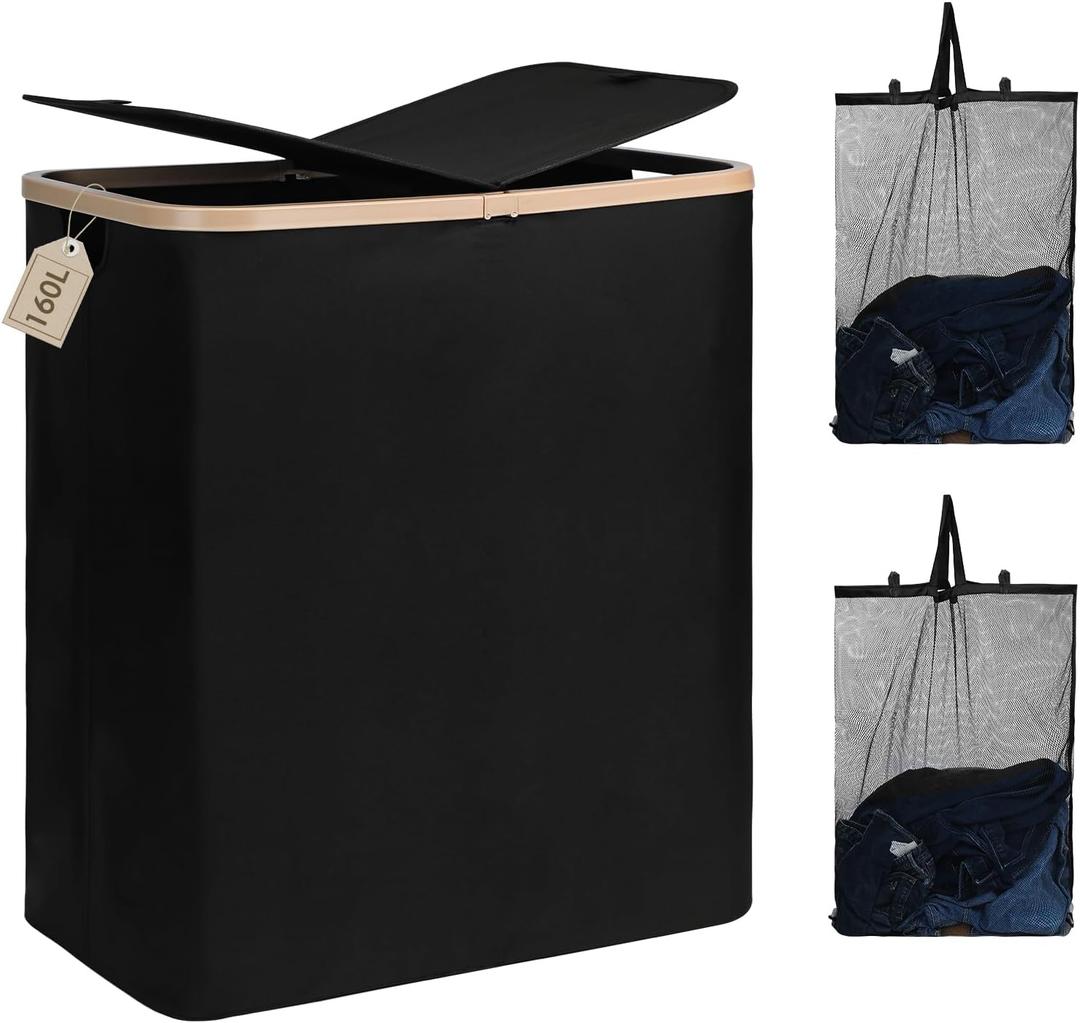 DOKEHOM 160L Double Laundry Basket with Removable Lid and Laundry Bags, Large Collapsible Laundry Hamper with 2 Sections (Black)