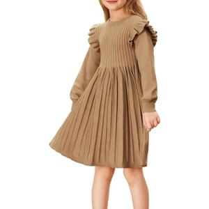 Danna Belle Girls Sweater Dress Lantern Sleeve Ruffled Fall Winter Dresses 5-12Y (Beige)
