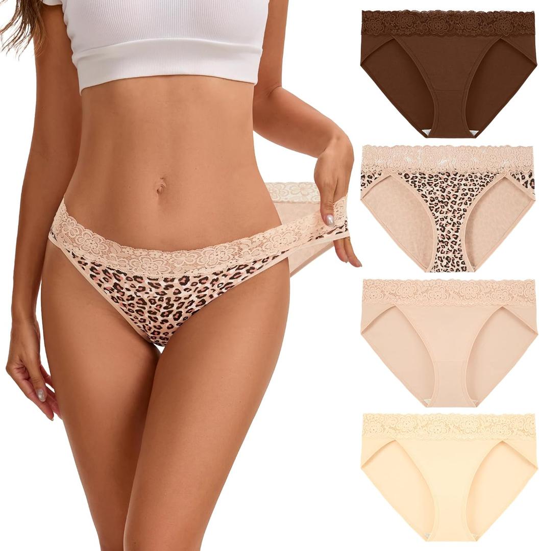 INNERSY Women's Cotton Bikini Underwear High Cut Lace Hipster Panties 4-Pack (Medium, Maillard)