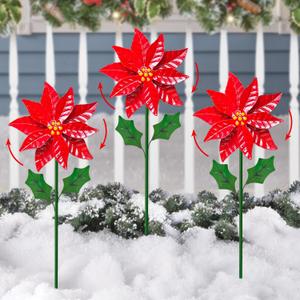 WAIU 3 Pack Outdoor Metal Poinsettia Wind Spinners Yard & Patio Christmas Decor for Gardens Courtyards Lawns Christmas Decor and Thanksgiving Gifts