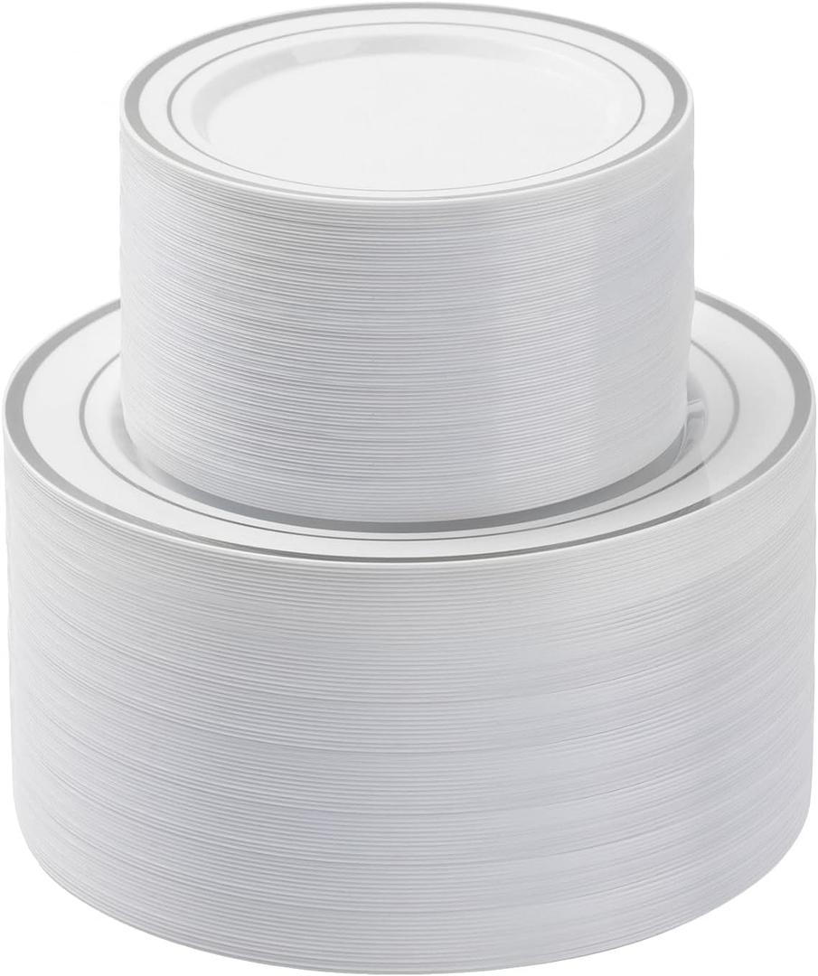 BESTSTAR 200PCS Silver Plastic Plates Set, 100 10.25 inch Dinner Plates and 100 7.5 inch Dessert Plates, Premium Disposable Plates for Party, Wedding