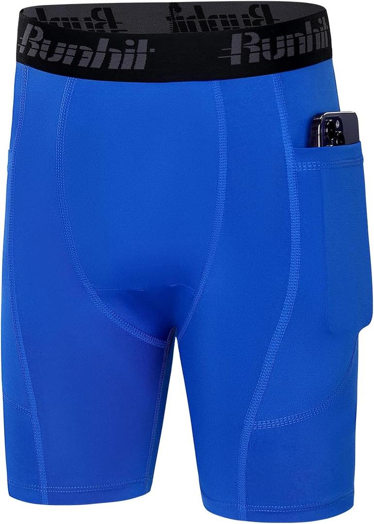Runhit Youth Boys' Compression Shorts,Boys Performance Athletic Base Layers Underwear Sports Shorts Side Pocket (Medium, Blue)