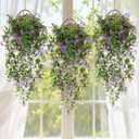 RAINFLOW 3PCS Artificial Hanging Flowers for Outdoors - UV Resistant Artificial Ivy Vines with 135 Purple Flower, Lifelike Greenery Fake Flowers for Shelf Door Wall Room Wedding Party DIY Decoration