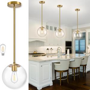 10 Inch Globe Pendant Light Gold Mid Century Pendant Light Adjustable Hanging Light Fixture Globe Pendant Lights Kitchen Island Clear Glass with Brass Finish for Dining Room