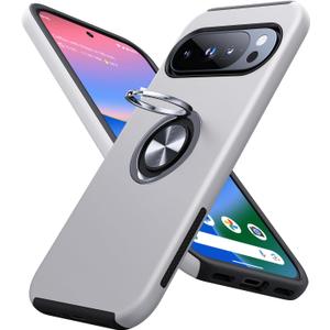 JAME for Google Pixel 10 Pro XL Case, Slim Fit Cover with Metal Ring Holder Stand Kickstand, Dual Layer Military Grade Shockproof Protective Phone Case for Google Pixel 10 Pro XL 6.8", Silver