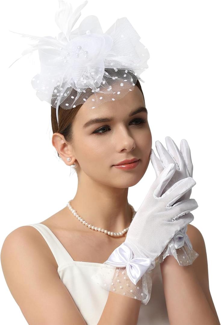 2025 Kentucky-Derby Fascinators Hats for Women Church Tea Party Accessories Outfits with Lace Gloves (M)