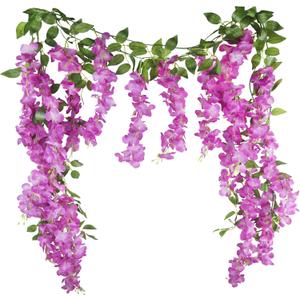 CISDUEO 2 Pcs Wisteria Hanging Flowers Wisteria Flowers Vine Garland Wedding Arch Decoration Purple Red Artificial Wisteria Vines Hanging Flower Vines Silk for Party Garden Home Table Backdrop 7 Feeto