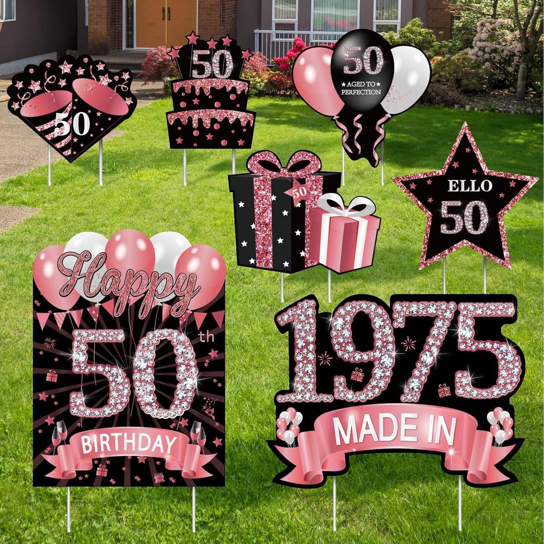 7Pcs Rose Gold 50th Birthday Yard Sign Decorations for Women,Happy 50th Birthday Made in 1975 Lawn Sign Party Supplies,Fifty Year Old Birthday Outdoor Yard Decor with Stakes