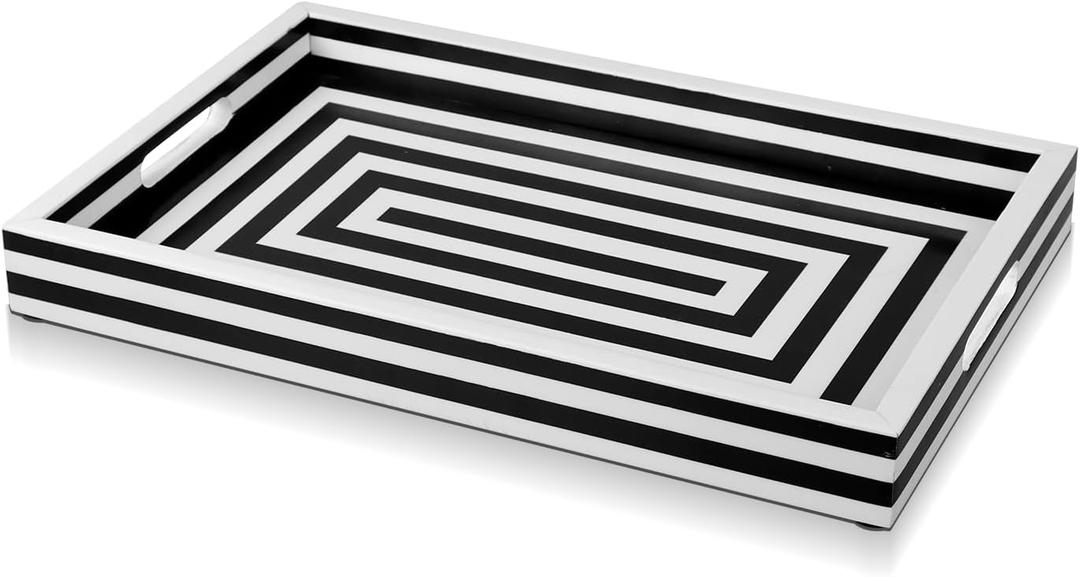 Handicrafts Home Decorative Tray for Coffee Table, Black and White Concentric Ottoman Tray 17 x 11 Inch, Handmade Resin Inlay Centerpiece Tray for Living Room, Modern Serving Tray for Home Decor