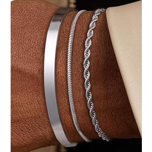 3 Pcs Chain Braclet for Men, Dainty Stackable Sterling Silver Bracelet for Men Non Tanish Simple Cuff Snake Rope Link Chain Bangle Bracelet Set for Mens Jewelry 8.5 Inches