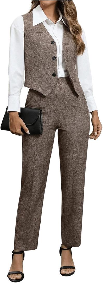 SOLY HUX Women's 2 Piece Outfits V Neck Button Down Sleeveless Blazer Vest and Pants Work Office Set (Khaki), XS