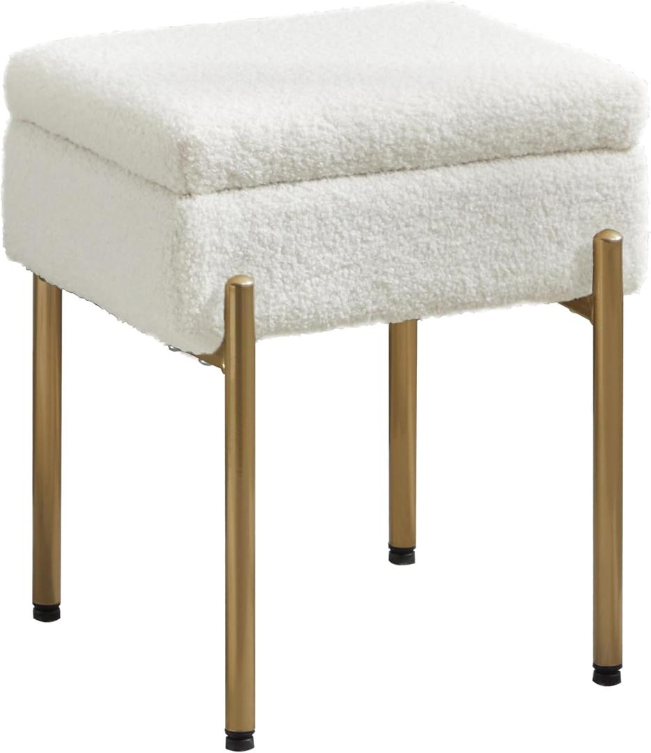 Vanity Stool Chair, Small Ottoman Stool with Storage, Makeup Vanity Chair with Anti-Slip Feet, Footstool Ottoman with Metal Legs, Storage Chairs for Makeup Room, Bedroom, Living Room (White+Gold)