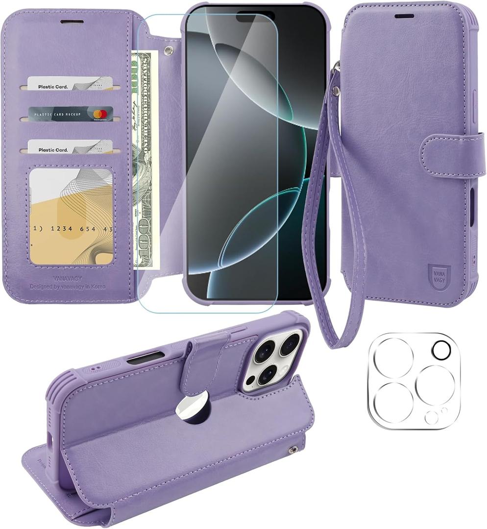VANAVAGY Compatible for iPhone 16 Pro Max Wallet Case, PU Leather Flip Cover with Wrist Strap RFID Blocking Card Holder for Wireless Charging, [Screen Protector & Camera Cover],Clove Purple