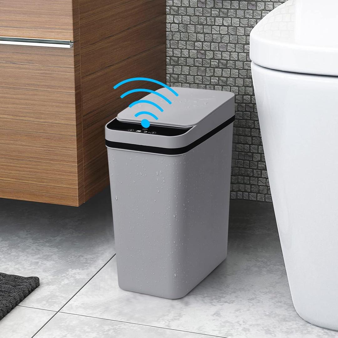 Smart Touchless Bathroom Trash Can 2.2 Gallon Automatic Motion Sensor Rubbish Can with Lid Electric Narrow Small Garbage Bin for Kitchen, Office, Toilet, Bedroom (Grey) (2.2 Gallon Grey)