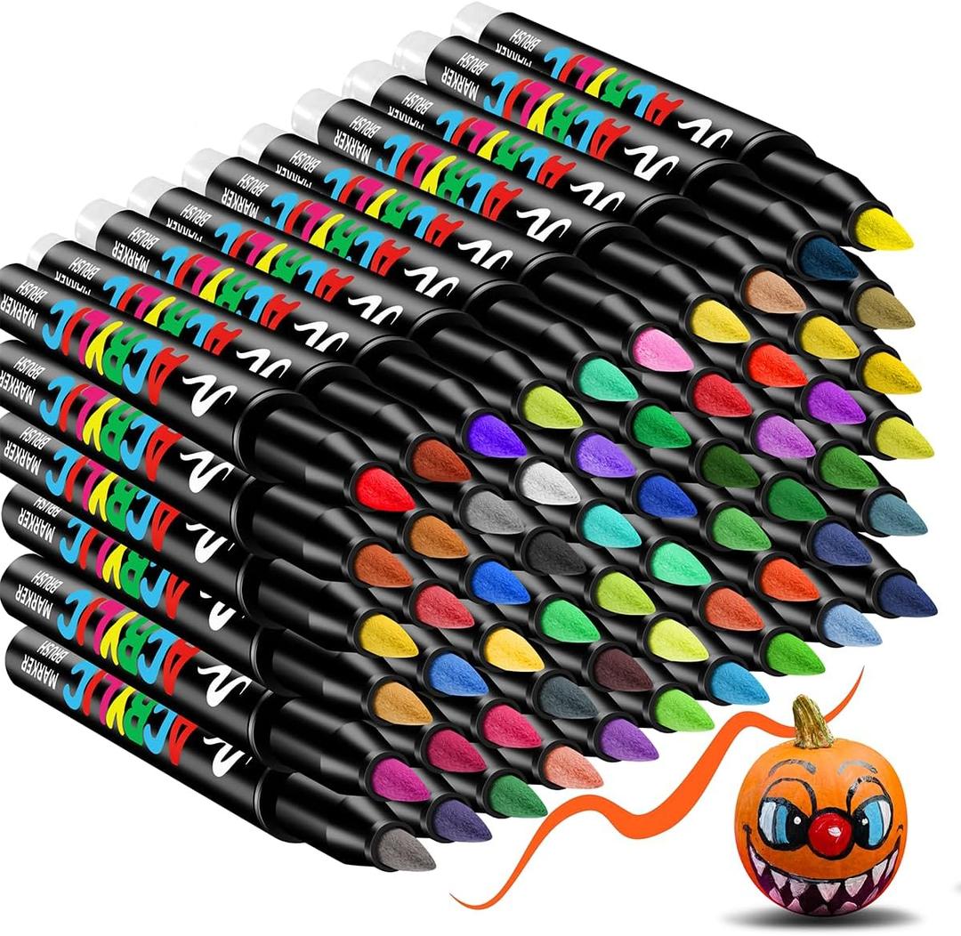 60 colors Acrylic Paint Markers, Acrylic Paint Pens Brush Tip, No-Bleed and Automatic Ink Control, Fabric Markers for Rock, Metal, Glass, Wood, Canvas, Ceramic, Plastic, Art & DIY Craf