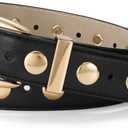 JASGOOD Women Leather Belt Fashion Studded Belt Ladies Punk Belt Vintage Leather Belt for Jeans Dress (Suit for waist size 27"-31", Gold Black)