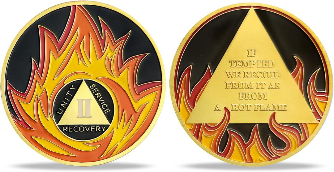 Flame Triangular 2 Year Sobriety Coin | AA Coins for Men & Women | Anniversary Sobriety Gifts | Unity & Service Medallion for Alcoholics Anonymous | AA Chips & Medallions