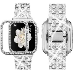 Supoix Compatible with Apple Watch Band 38mm 40mm 41mm 42mm 44mm 45mm 46mm 49mm+ Case, Women Jewelry Bling Diamond Rhinestone Replacement Metal Bands & 2 Pack PC Protector Case for iWatch Ultra 2/ Ultra Series 10/9/8/7/6/5/4/3/2/1/SE (46mm (Series 10), Silver)