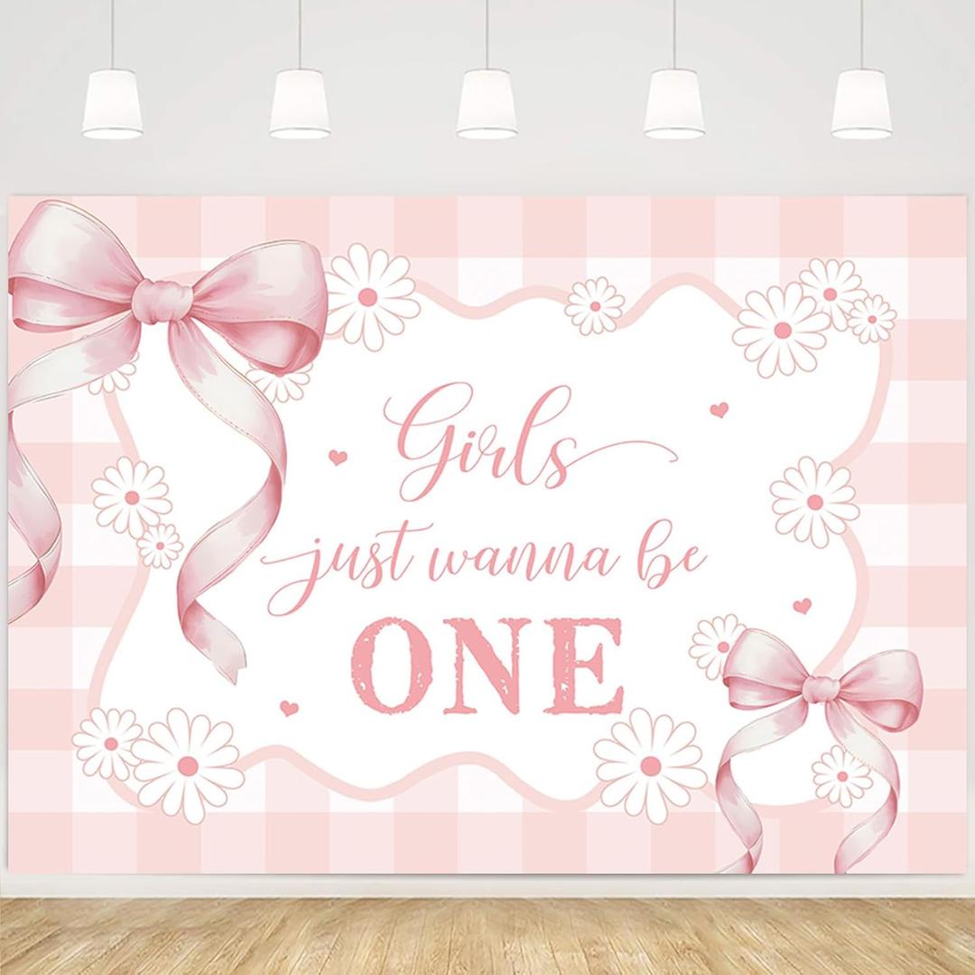 MEHOFOND Coquette Pink Bow First Birthday Backdrop, Girls Just Wanna Be One Birthday Background Decoration Pink Plaid Arch Bow Tie Background Sweet One Birthday Party Photo Props 7x5ft