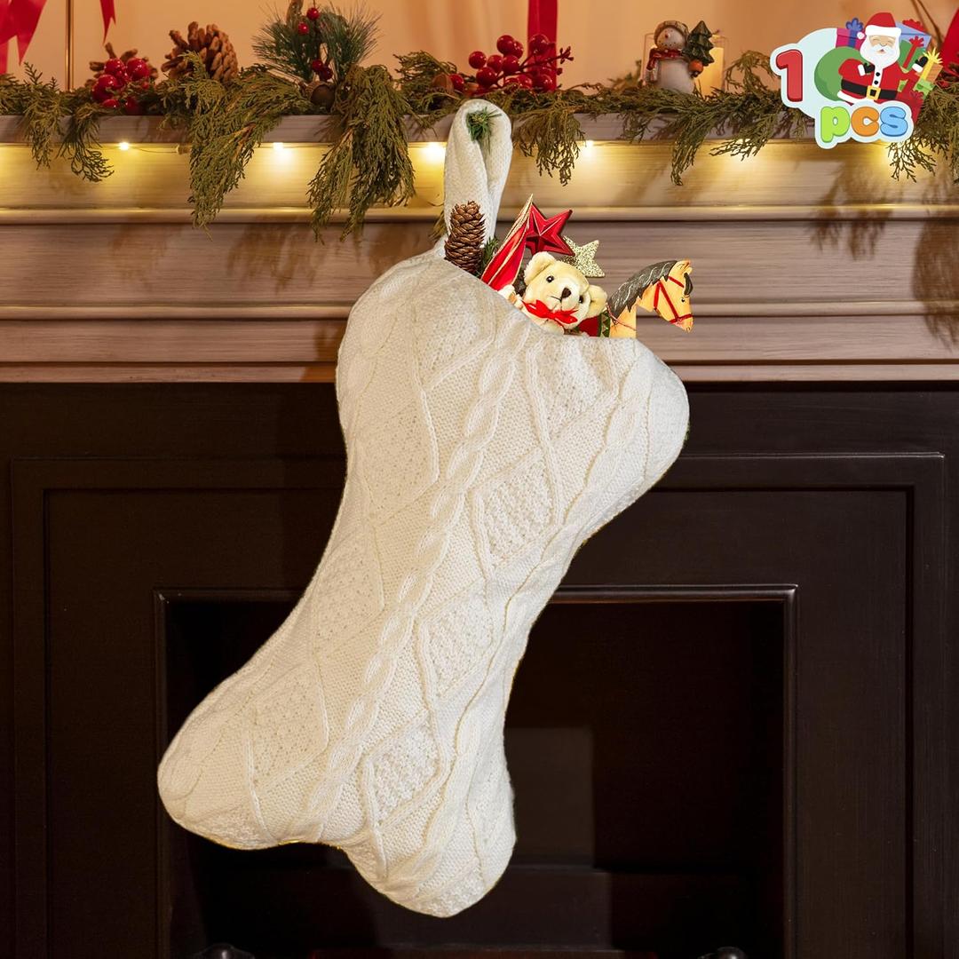 JOYIN 17'' Christmas Dog Stocking, Knit White Bone Shape Stockings, Large Puppy Hanging Xmas Accessories for Dogs Pets Christmas Decoration Party Decor