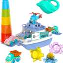Ferry Fun & Friends  15pcs & Baby Bath Toys with Ferry Boats, Cars for Bathtub, Trucks, Helicopter, Stacking Cups & Toy Animals, Toddler Bath Toys for 1 Year Old, Toddler Pool Boat Baby Toy