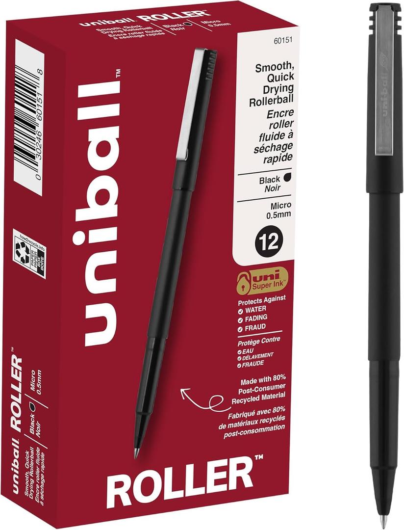 Uniball Roller Ball Pen, Stick, Micro 0.5 Mm, Black Ink, Black Matte Barrel, Dozen