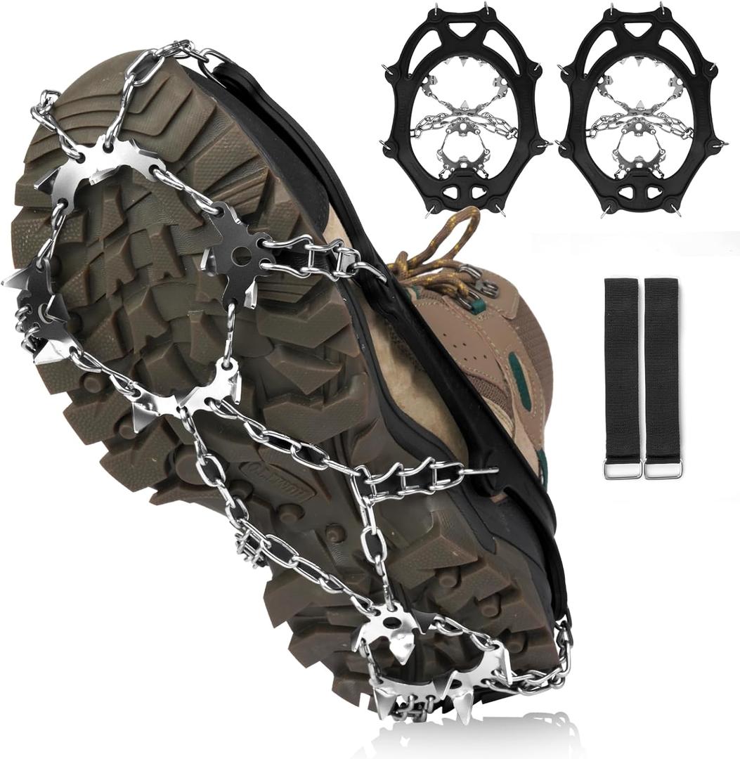 Crampons 19 Stainless Steel Spikes Ice Cleats for Shoes and Boots,Snow Traction Cleats Ice Grips for Hiking, Mountain Climbing,Walking,Fishing for Men & Women (Large)