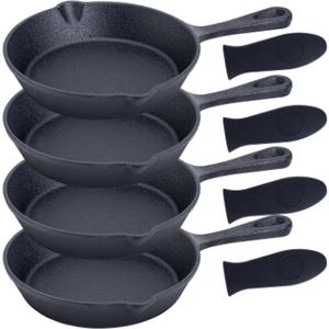 Bruntmor Cast Iron Frying Pan Set of 3-6x4 Inch Black Pre-Seasoned Skillets with Heat-Resistant Silicone - Mini Cast Iron Skillet Set for Stovetop, Oven, and Grill