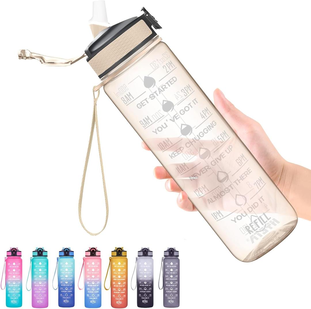 Hyeta 32 oz Water Bottles with Times to Drink and Straw, Motivational Water Bottle with Time Marker, Leakproof, Drinking Sports Water Bottle for Fitness, Gym and Outdoor (Clear Amber)