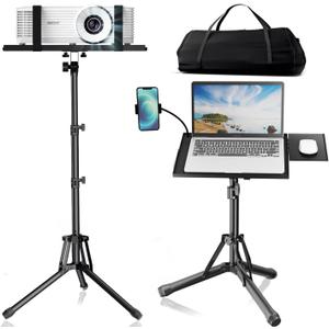 Projector Stand Laptop Tripod - Portable Tripod Adjustable Height 20 to 60 Inch, Projector Stand with Gooseneck Phone Holder  Mouse Tray, Laptop Floor Stand for Podium, Studio, DJ Racks (Black)