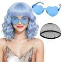 PLULON Light Blue Wavy Bob Wigs with Bangs Heart Sunglasses Hair Cap for Women, Colored Synthetic Hair Short Bob Loose Curly Shoulder Length Wigs for Costume Bachelorette Party Music Festival