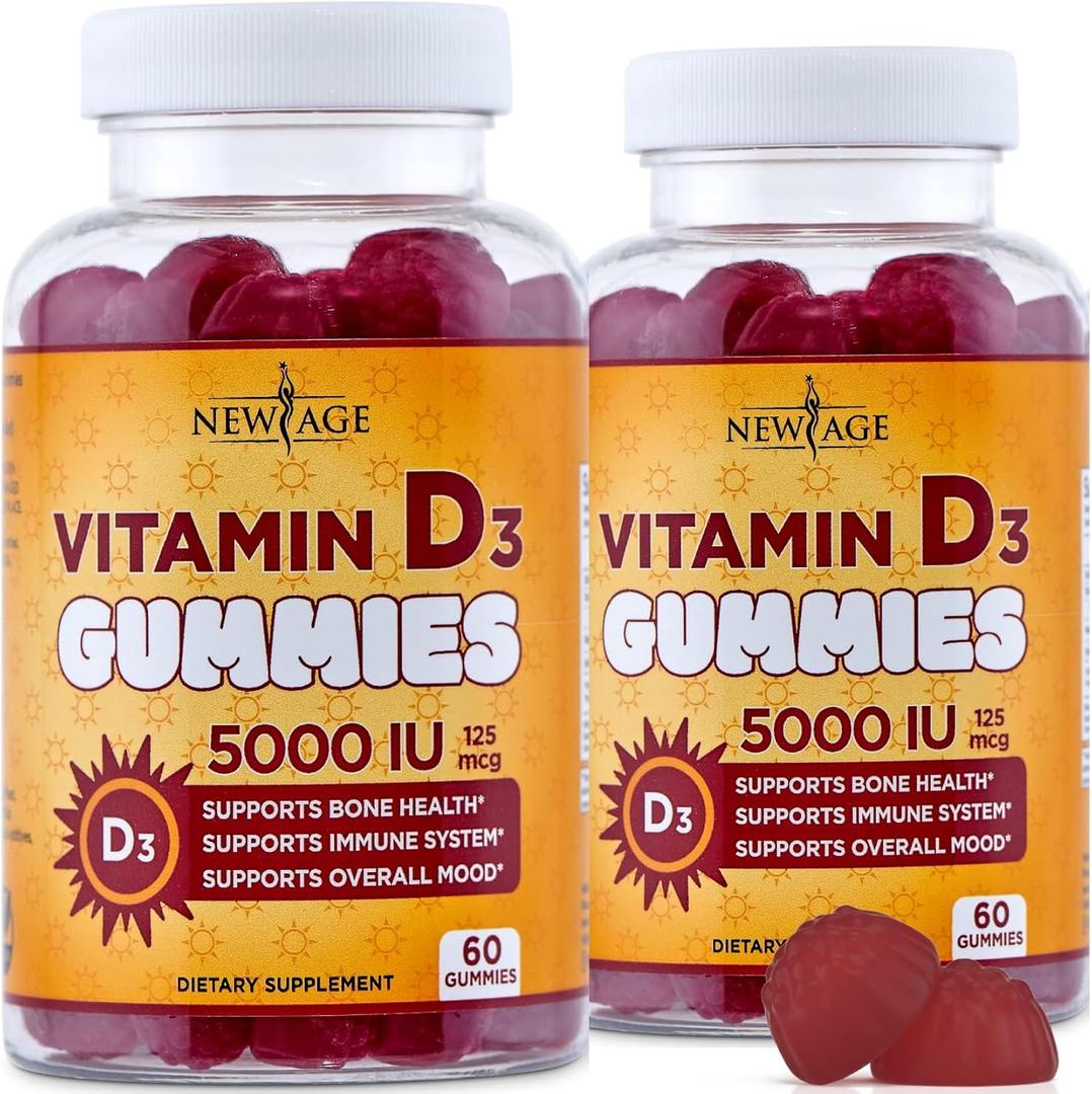 NEW AGE Vitamin D3 5000 IU 125mcg Gummies - Immune Supplement - Non-GMO, Gluten-Free, Dairy-Free, No Gelatin (120 Gummies (Pack of 2) Best By: 01/2028