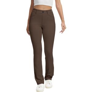 VIMPEP Womens Fleece Lined Dress Pants Stretchy High Rise Straight Leg with Pockets Yoga Work for Cold Weather 1203 (Large, Dark Brown)